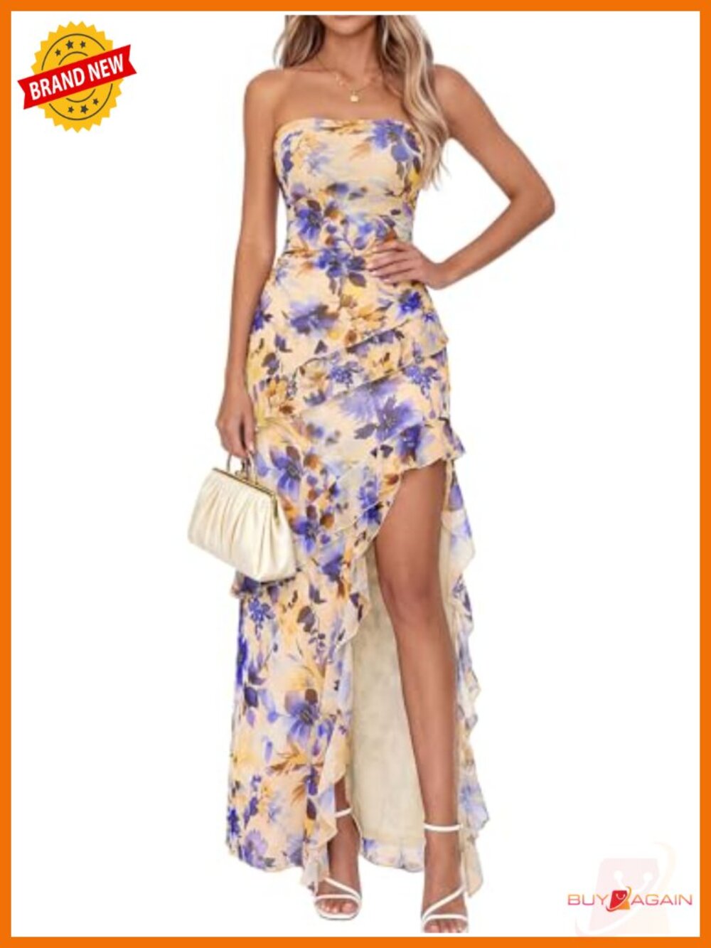 Off Shoulder Strapless Backless High Slit Maxi Dress Mesh Ruffle Hem